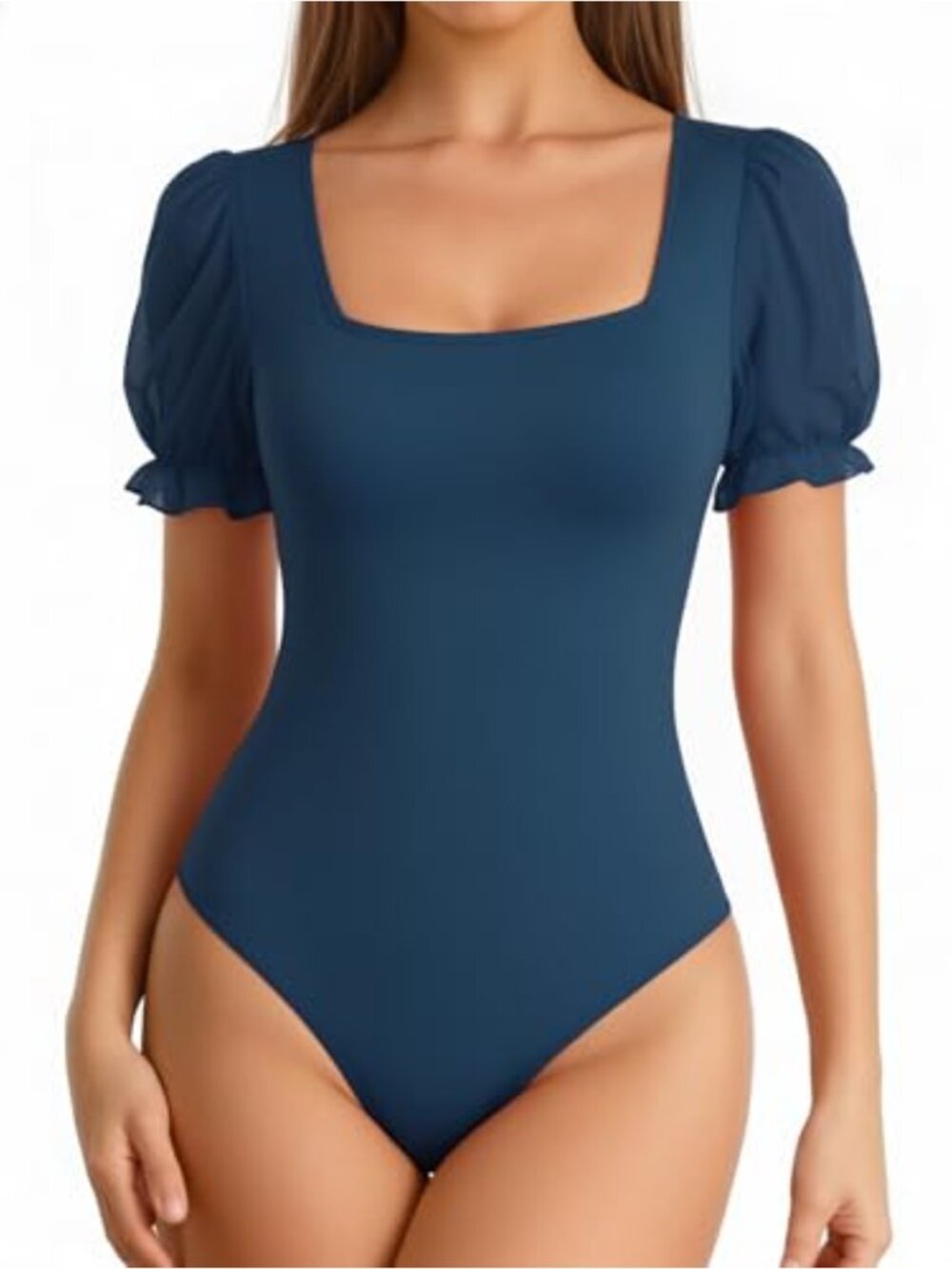 Ruffle Sheer Mesh Short Sleeve Bodysuit Square Neck Button Crotch Casual Top